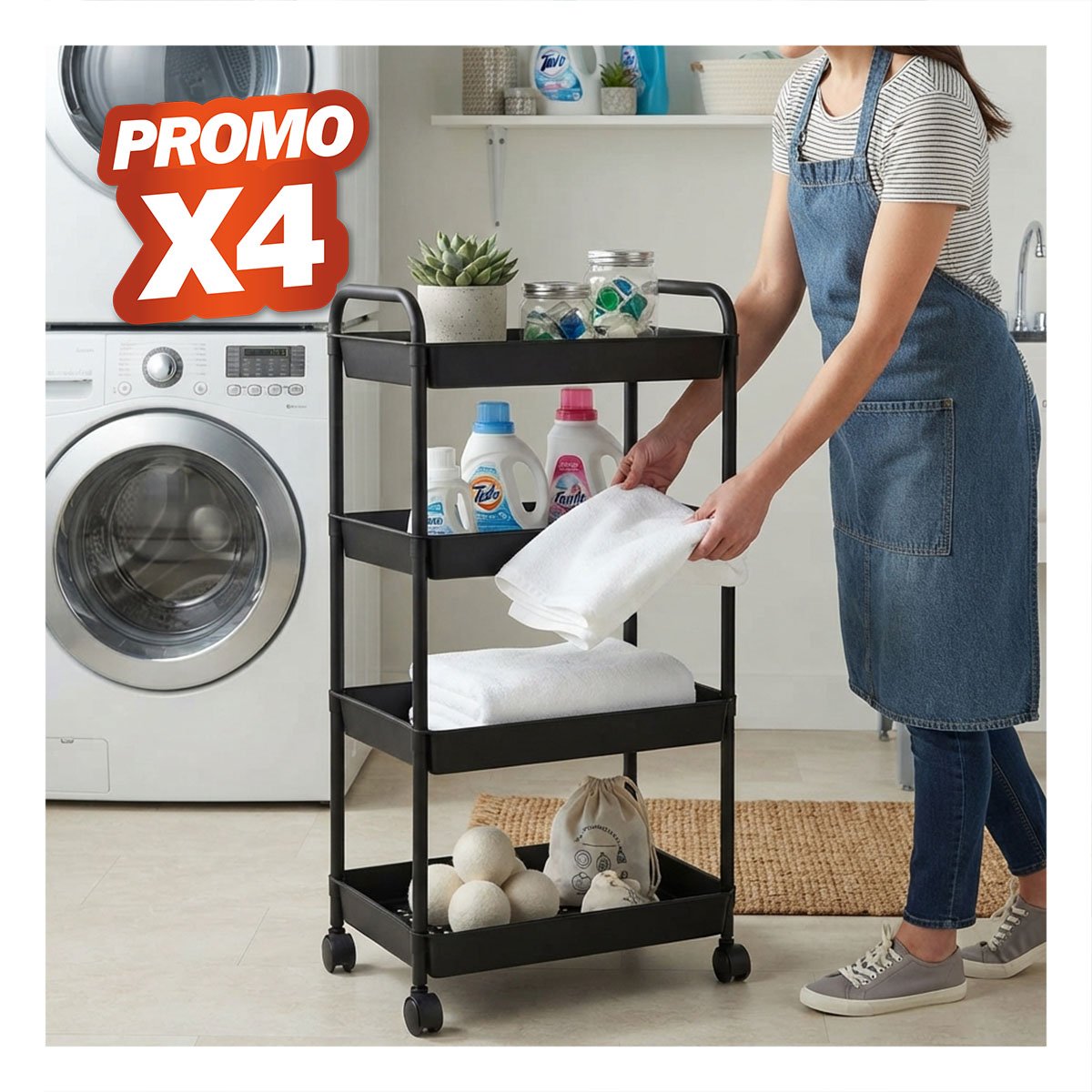 PACK4 CARRITO ESTANTE MULTIUSO DE 4 NIVELES PARA GUARDAR COSAS DEL HOGAR NEGRO YREGALO STICKER - 1