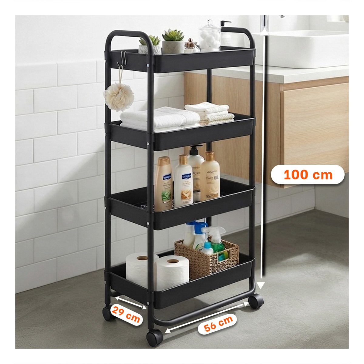 PACK4 CARRITO ESTANTE MULTIUSO DE 4 NIVELES PARA GUARDAR COSAS DEL HOGAR NEGRO YREGALO STICKER - 3