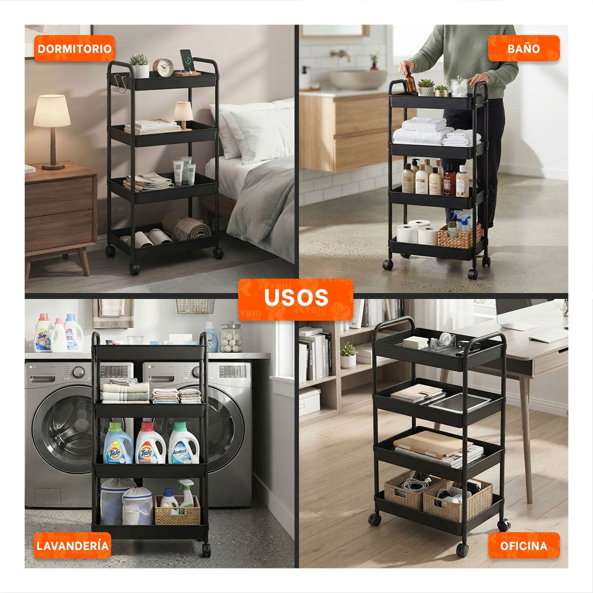 ORGANIZADOR CARRITO MOVIL DE 4 NIVELES PRACTICO PARA COCINA Y BANO NEGRO - 3