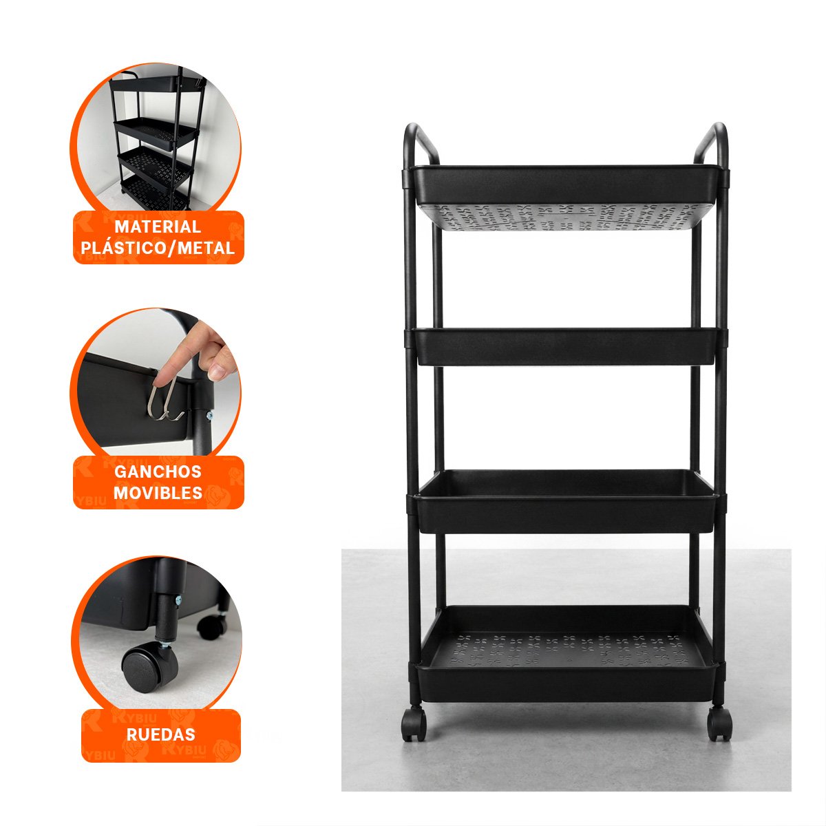 ORGANIZADOR CARRITO MOVIL DE 4 NIVELES PRACTICO PARA COCINA Y BANO NEGRO - 4