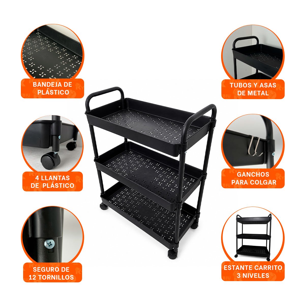 MUEBLE CARRITO ORGANIZADOR DE 3 NIVELES CON RUEDAS PARA EL HOGAR NEGRO Y REGALO STICKER - 4