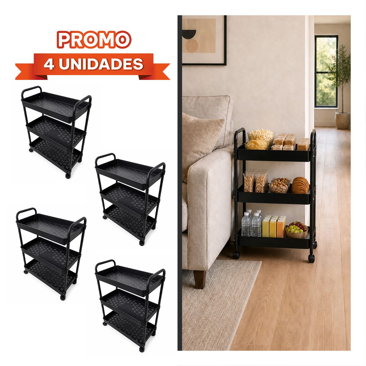PACK4 ESTANTE CARRITO MOVIL DE 3 NIVELES PARA ORGANIZAR ESPACIOS FACIL NEGRO - 1