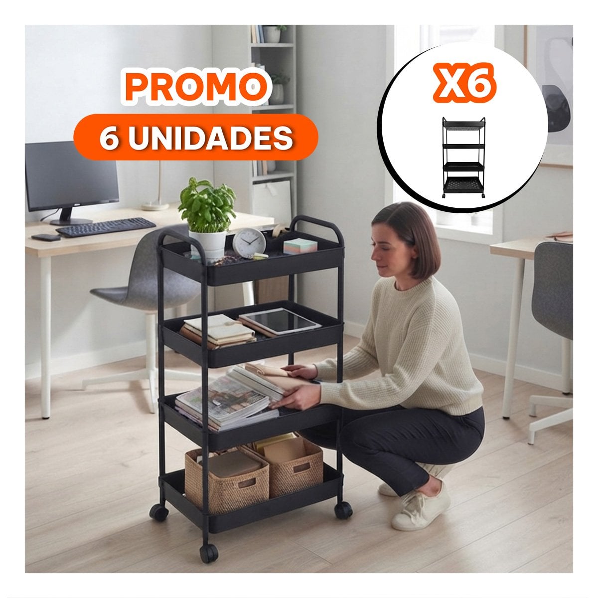 PACK6 MUEBLE CARRITO ORGANIZADOR DE 4 NIVELES CON RUEDAS PARA EL HOGAR NEGRO - 1