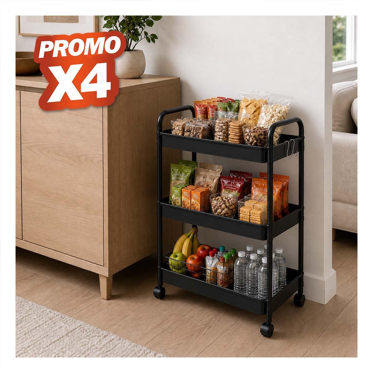 PACK4 CARRITO ESTANTE ORGANIZADOR DE 3 NIVELES CON RUEDAS PARA LA CASA NEGRO YREGALO STICKER - 1