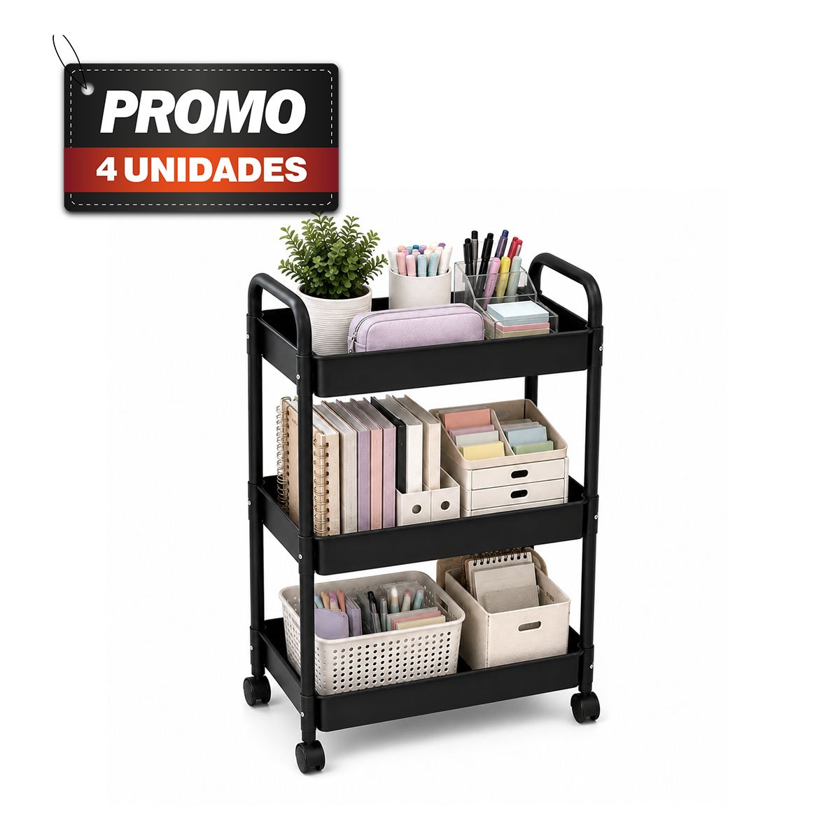 PACK4 MUEBLE CARRITO MOVIL DE 3 NIVELES PARA ORGANIZAR ESPACIOS FACIL NEGRO YPAPEL REGALO - 1