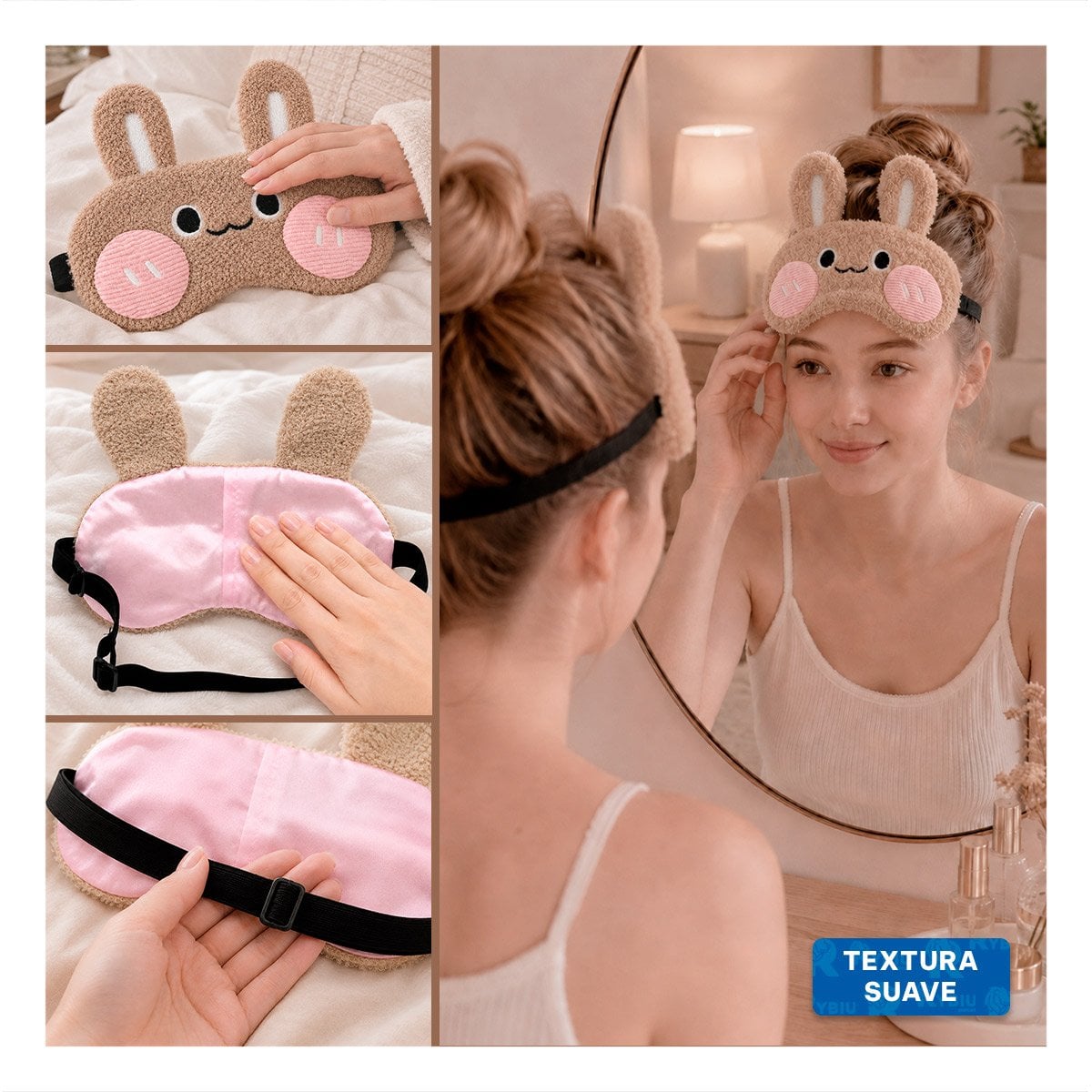PACK6 MASCARA CONEJO PELUCHE MARRON CLARO PARA DORMIR CON FELPA COMODA PARA HOGAR - 4