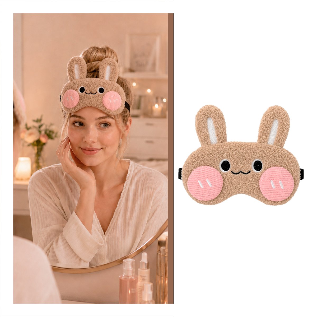 MASCARA CONEJO PELUCHE MARRON CLARO PARA DORMIR CON FELPA SUAVE, ESTILO COMODO Y LIGAS REGALO - 1
