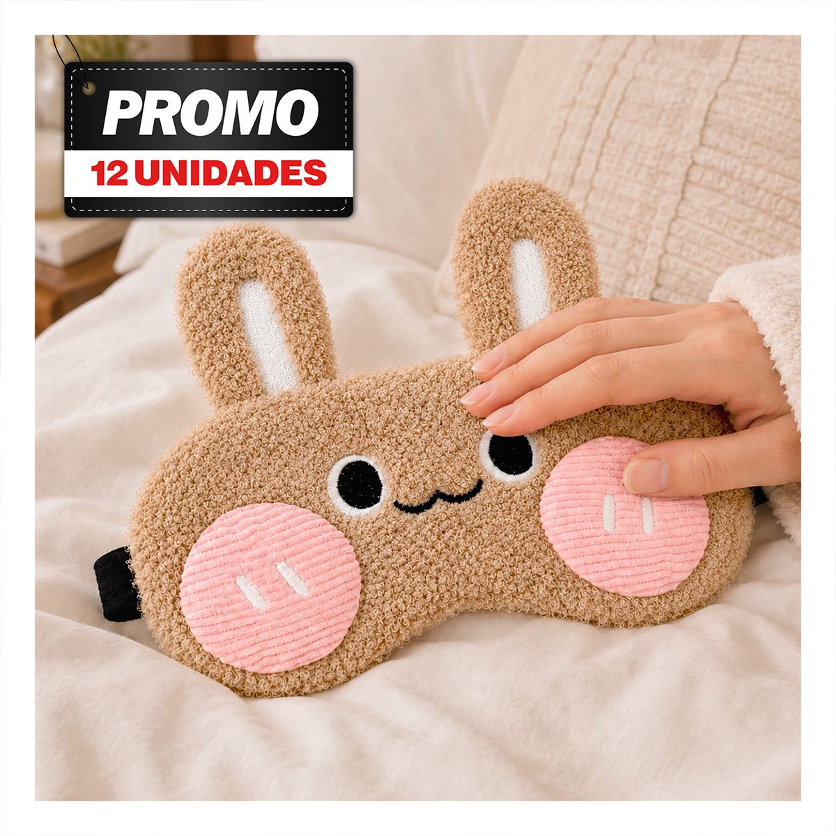 PACK12 MASCARILLA CONEJO PELUCHE MARRON CLARO DE ALTA CALIDAD PARA DESCANSOS FINES - 1