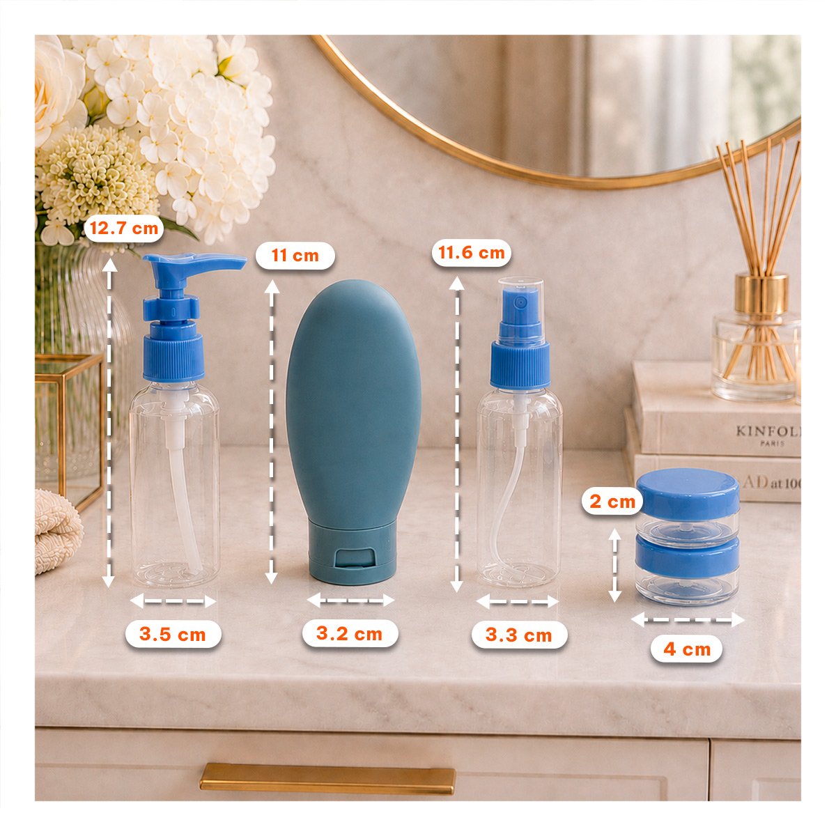 ESTUCHE 5 BOTELLAS DE VIAJE CELESTE PARA CHAMPU Y CREMAS CON ESTILO PORTATIL Y STICKY - 2