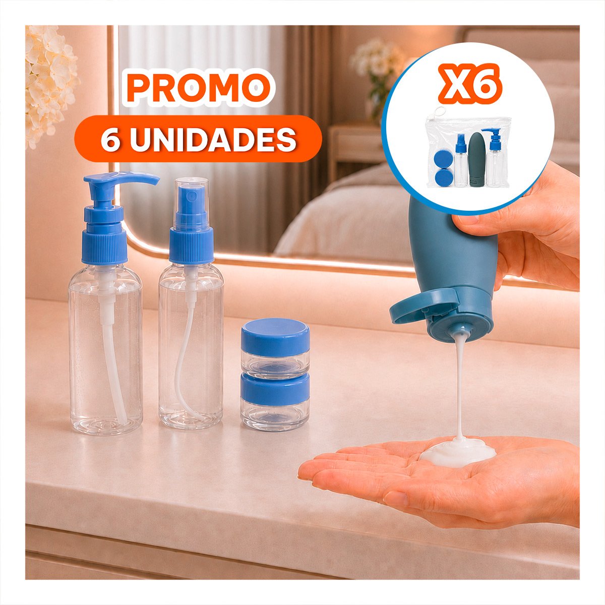 PACK6 SET 5 BOTELLAS DE VIAJE CELESTE CON DISENO COMODO, MODA Y GRAN ESTILO YREGALO STICKER - 1