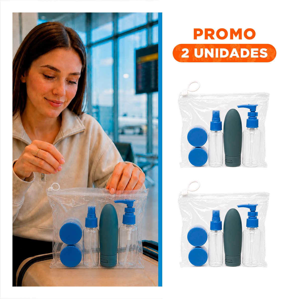 PACK2 ESTUCHE 5 BOTELLAS DE VIAJE CELESTE DE PLASTICO PARA LLEVAR EN EQUIPAJE YREGALO STICKER - 1