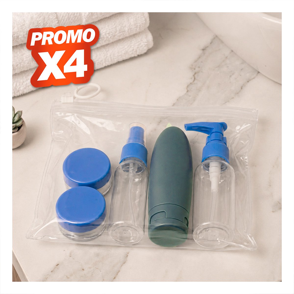 PACK4 JUEGO 5 BOTELLAS DE VIAJE CELESTE CON DISENO ELEGANTE PARA CHAMPU YPAPEL REGALO - 1