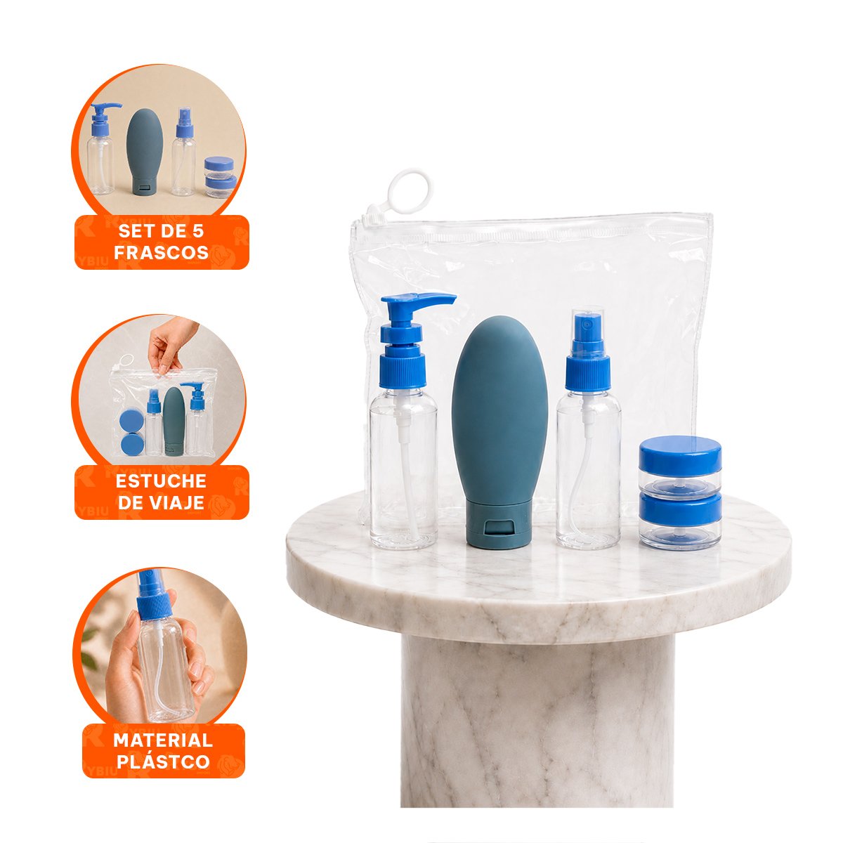 PACK2 SET 5 BOTELLAS DE VIAJE CELESTE CON DISENO ELEGANTE PARA CHAMPU EN LA CASA YPAPEL REGALO - 2