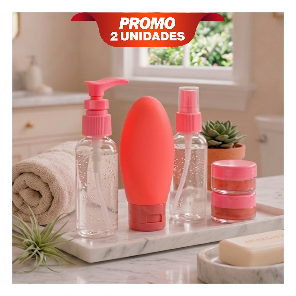 PACK2 SET 5 BOTELLAS DE VIAJE ROSADO CON DISENO ELEGANTE PARA CHAMPU EN LA CASA YPAPEL REGALO - 1