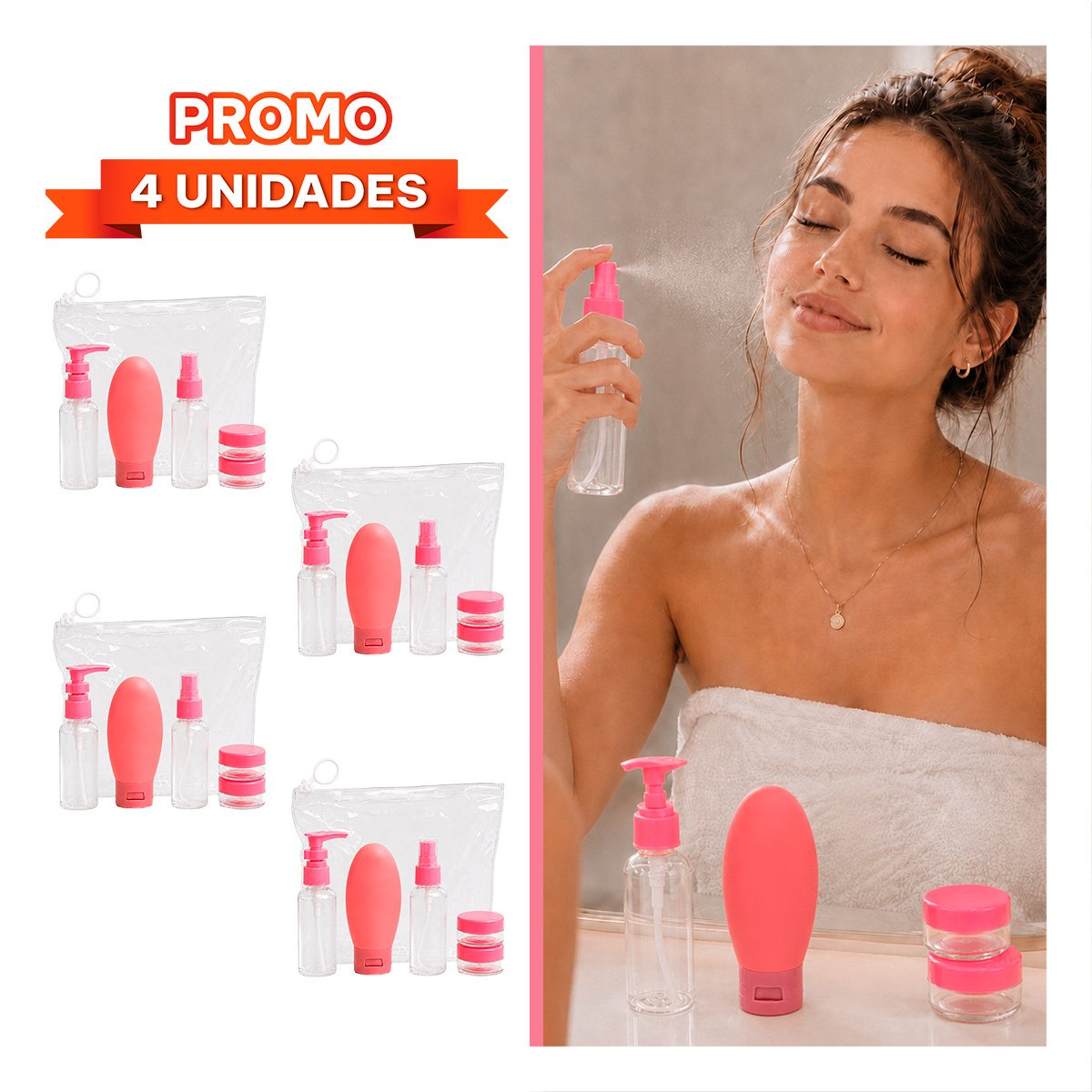PACK4 ESTUCHE 5 BOTELLAS DE VIAJE ROSADO DE ALTA CALIDAD PARA EQUIPAJE Y VIAJES YREGALO STICKER - 1