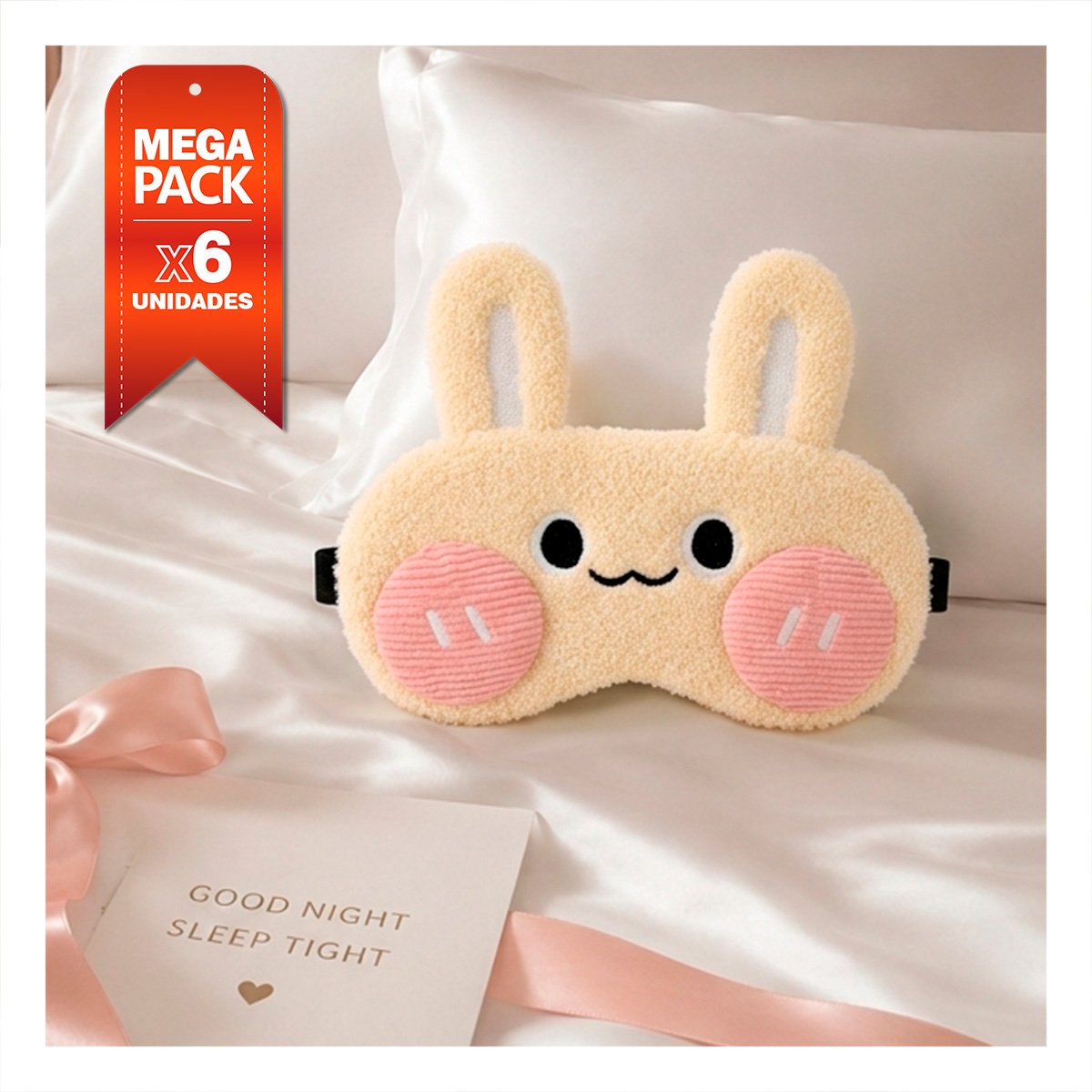 PACK6 VISOR CONEJO PELUCHE BEIGE CON FELPA SUAVE PARA DORMIR DE NOCHE EN CASA YREGALO STICKER - 1