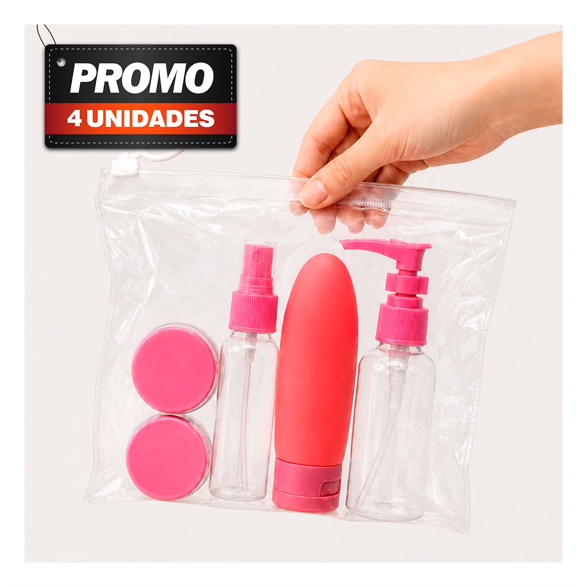 PACK4 PAQUETE 5 BOTELLAS DE VIAJE ROSADO DE PLASTICO PARA VIAJE, CHAMPU Y CREMAS - 1