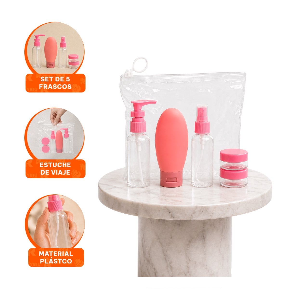 SET 5 BOTELLAS DE VIAJE ROSADO PARA CHAMPU Y CREMAS CON ESTILO PORTATIL - 4