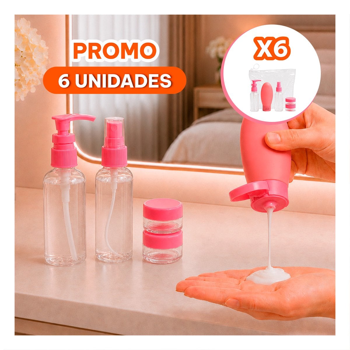 PACK6 SET 5 BOTELLAS DE VIAJE ROSADO PARA CHAMPU COMODO, MODA Y ESTILO YREGALO STICKER - 1