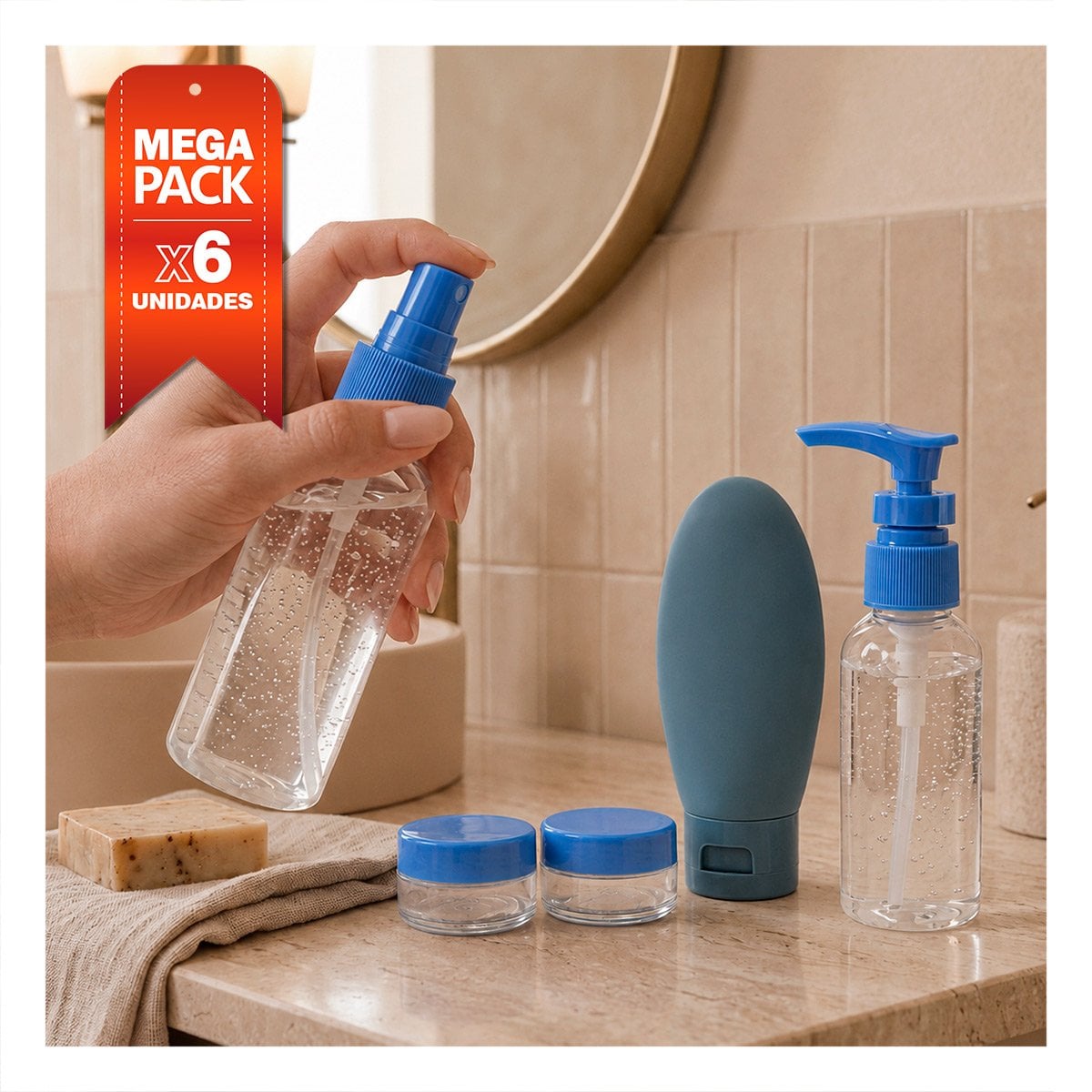PACK6 PAQUETE 5 BOTELLAS DE VIAJE CELESTE PARA CHAMPU CON DISENO COMODO EN MALETA YPAPEL REGALO - 1
