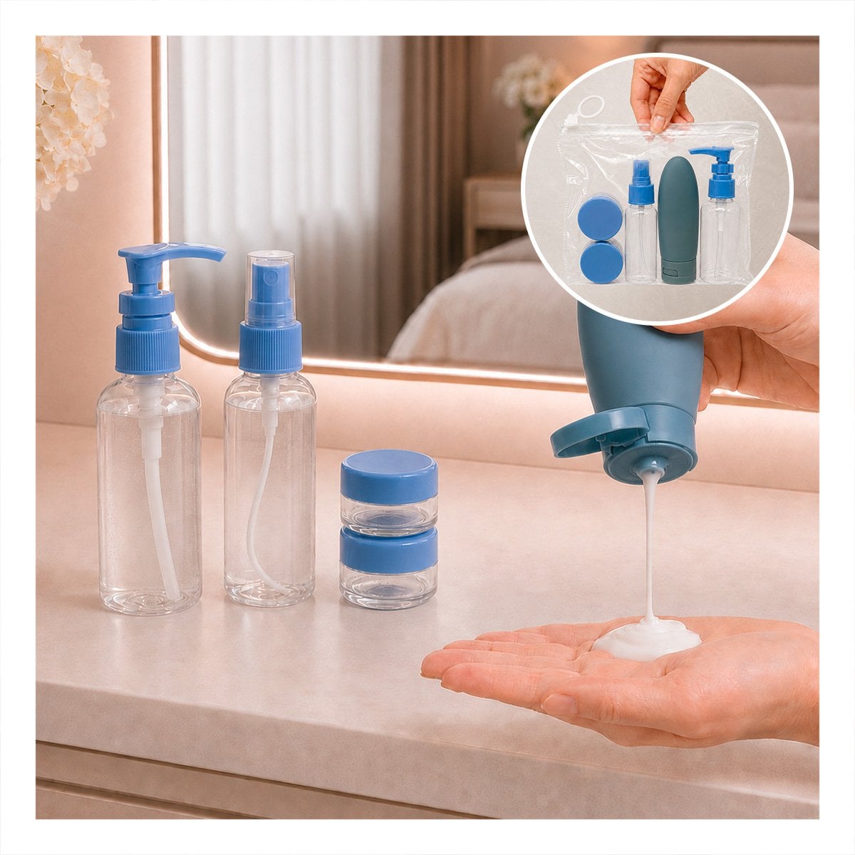 PACK6 PAQUETE 5 BOTELLAS DE VIAJE CELESTE PARA CHAMPU CON DISENO COMODO EN MALETA YPAPEL REGALO - 3