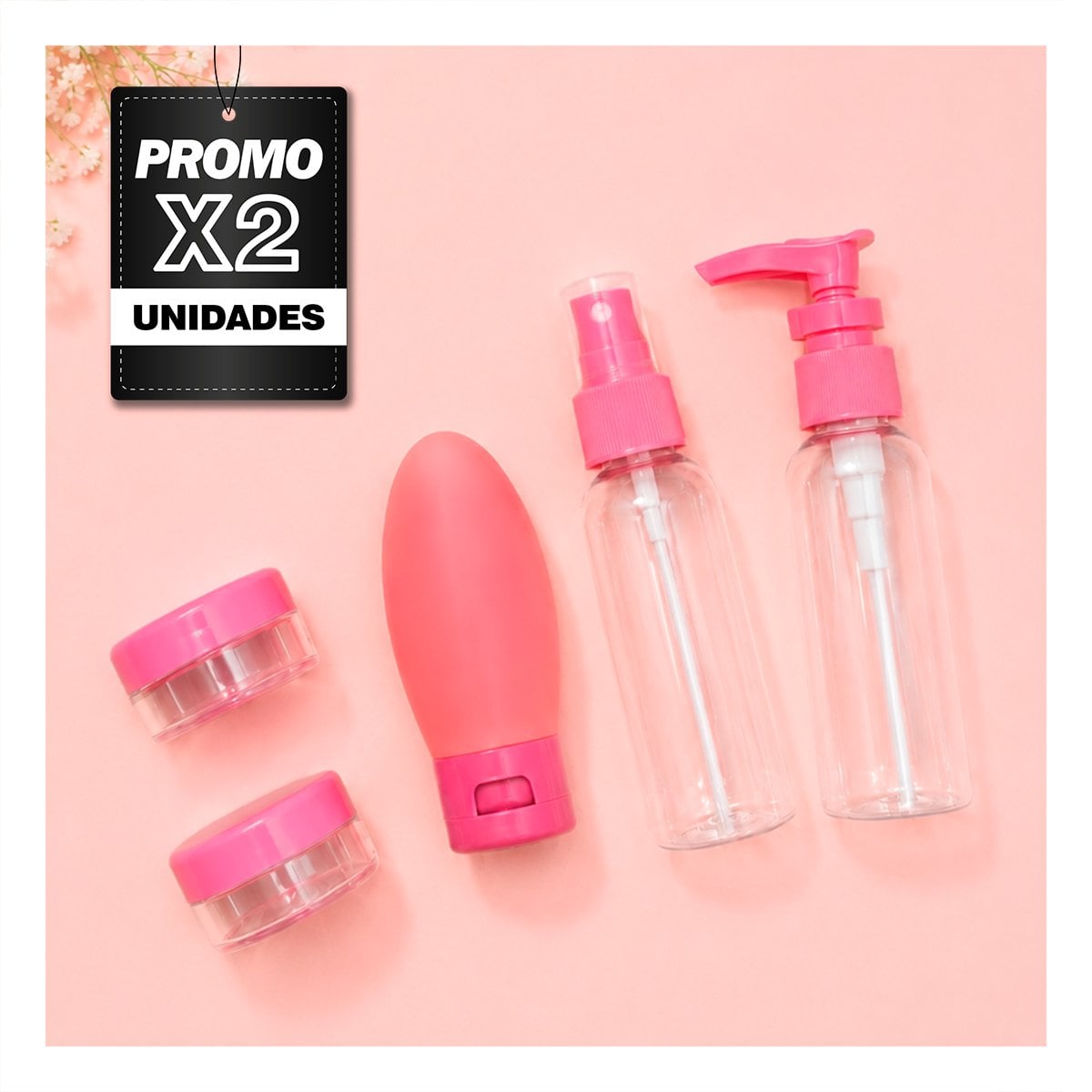 PACK2 KIT 5 BOTELLAS DE VIAJE ROSADO DE PLASTICO PARA VIAJES EN CASA O EQUIPAJE - 1