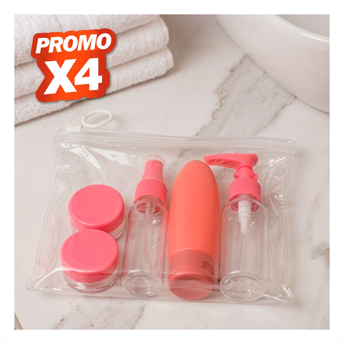 PACK4 JUEGO 5 BOTELLAS DE VIAJE ROSADO CON DISENO ELEGANTE PARA CHAMPU EN LA CASA YPAPEL REGALO - 1