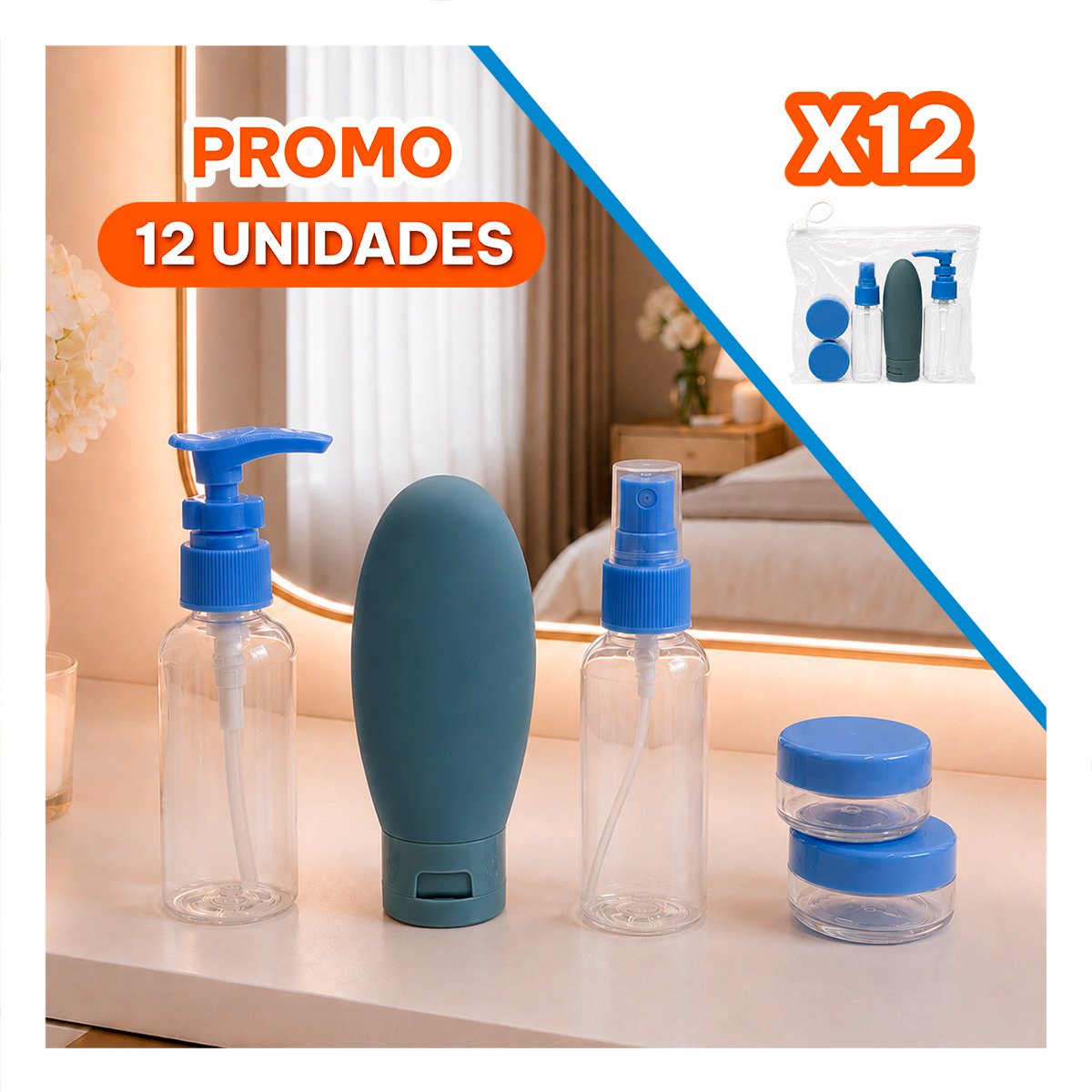 PACK12 SET 5 BOTELLAS CELESTE DE PLASTICO PARA LLEVAR EN MALETA DE VIAJE YREGALO STICKER - 1