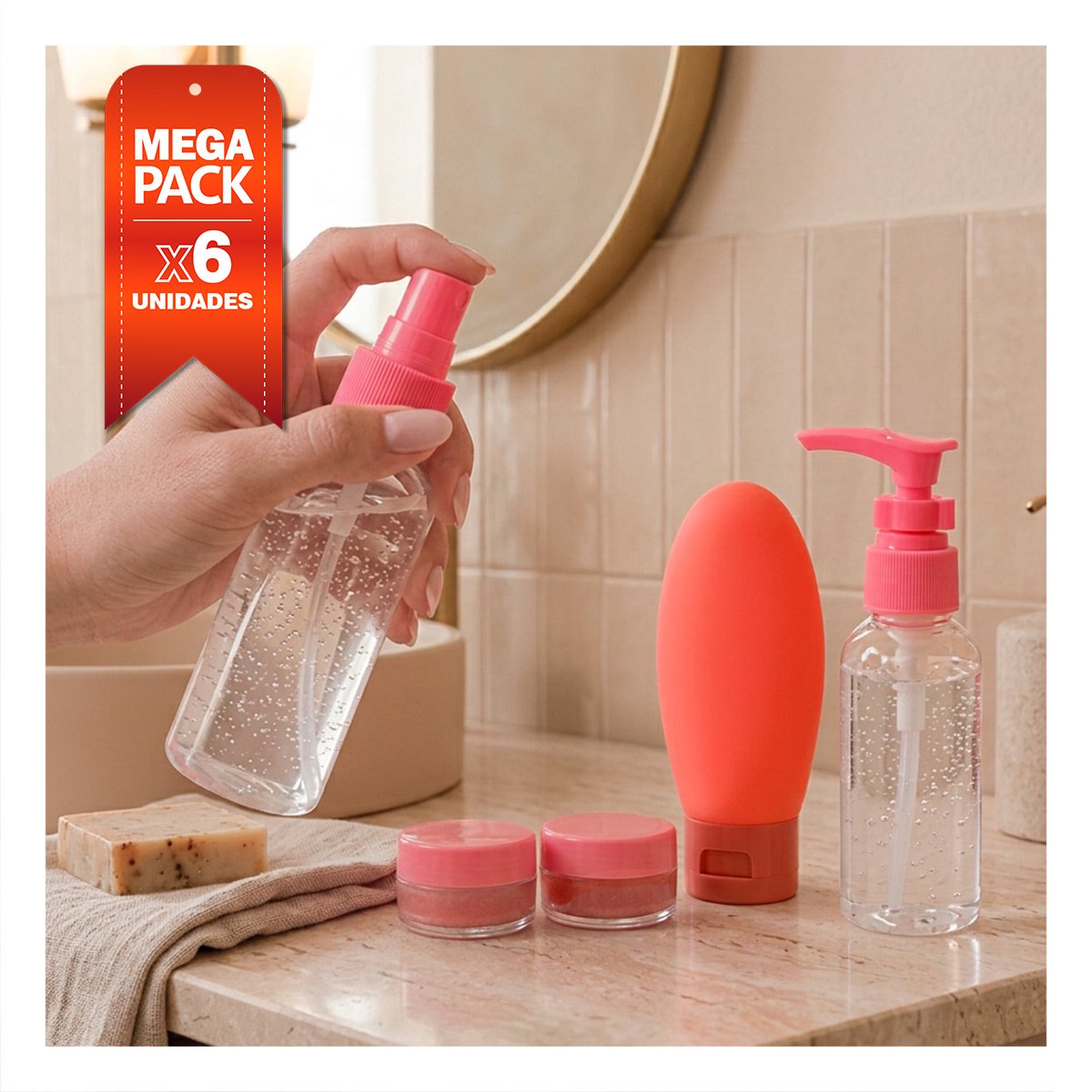 PACK6 PAQUETE 5 BOTELLAS DE VIAJE ROSADO PARA CHAMPU CON DISENO COMODO EN MALETA YPAPEL REGALO - 1