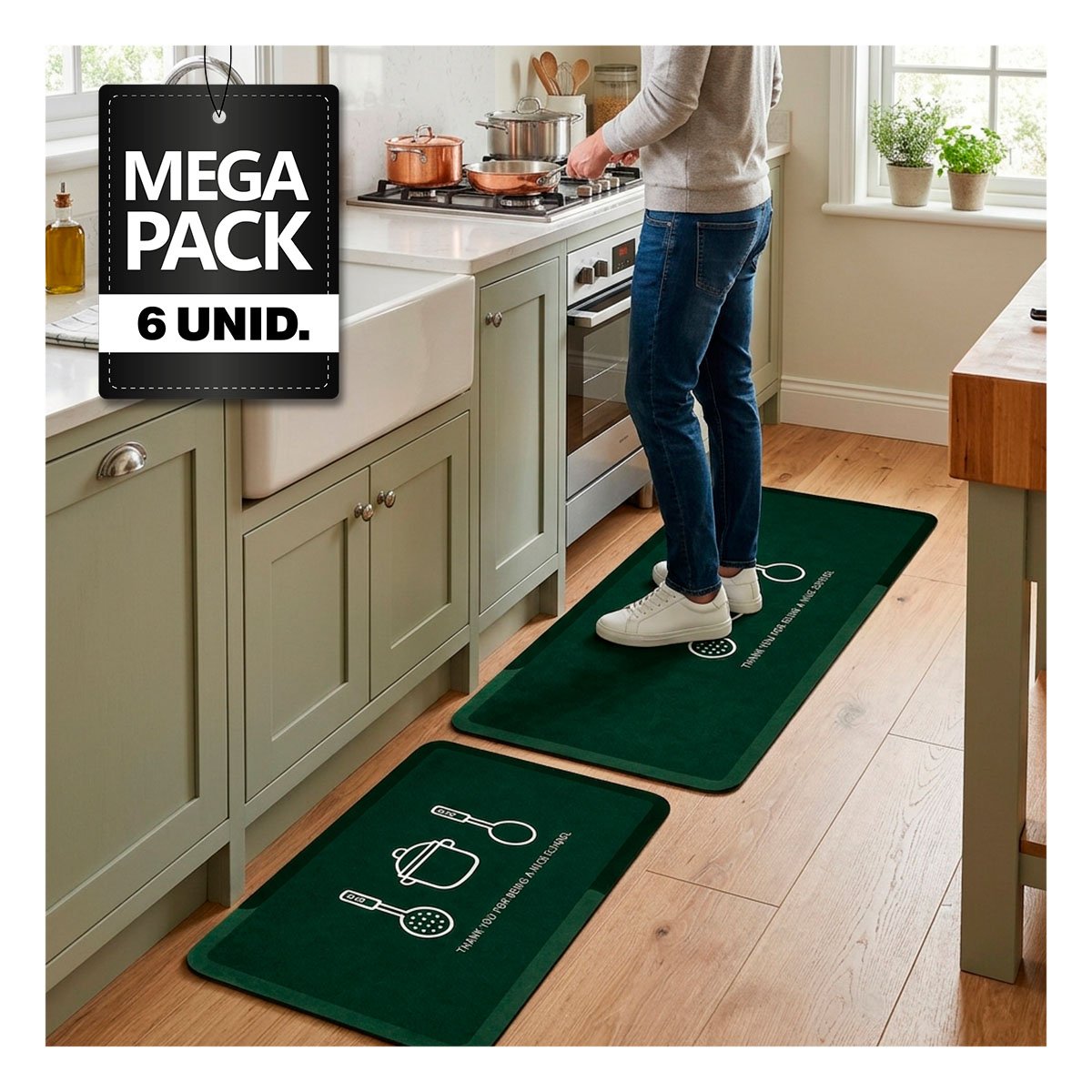 PACK6 SET DE FELPUDOS RECTANGULARES VERDE OSCURO THANK YOU 58X38 Y 140X38 CM YPAPEL REGALO - 1