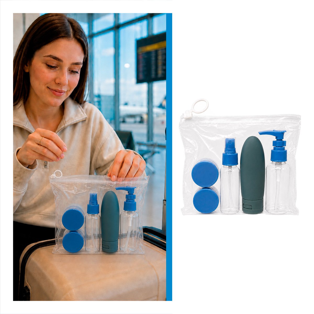 PAQUETE 5 BOTELLAS DE VIAJE CELESTE PARA CHAMPU Y CREMAS, ESTILO PORTATIL Y LIGAS REGALO - 1