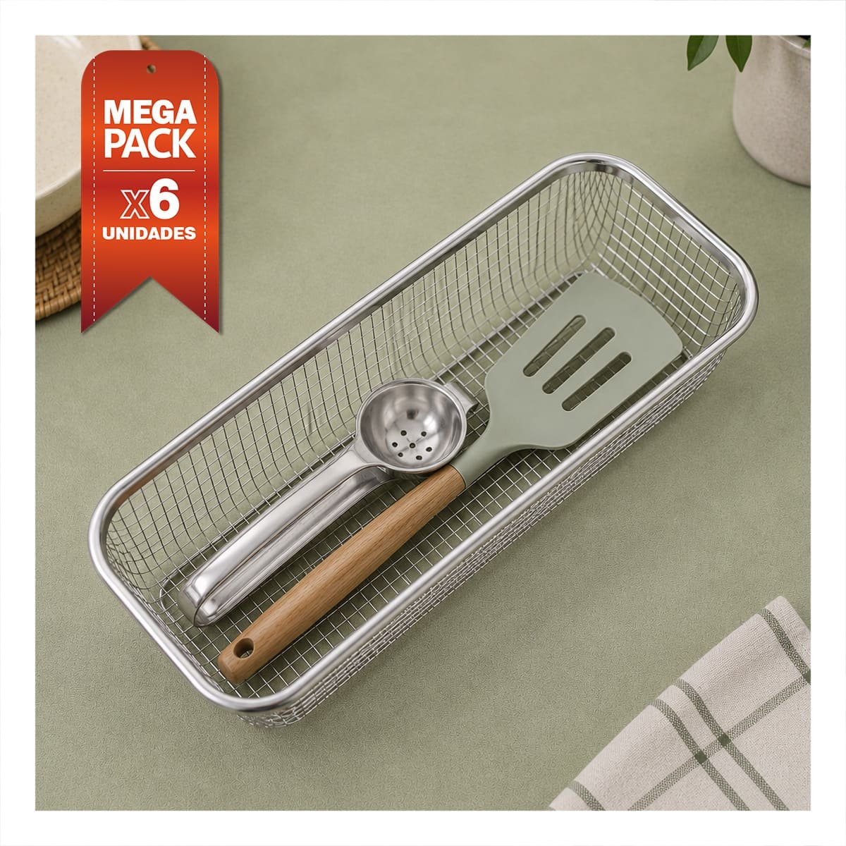 PACK6 CANASTA PARA COCINA RECTANGULAR PLATEADO 31X12,5X5,8CM MULTIUSO DE MALLA YREGALO STICKER - 1