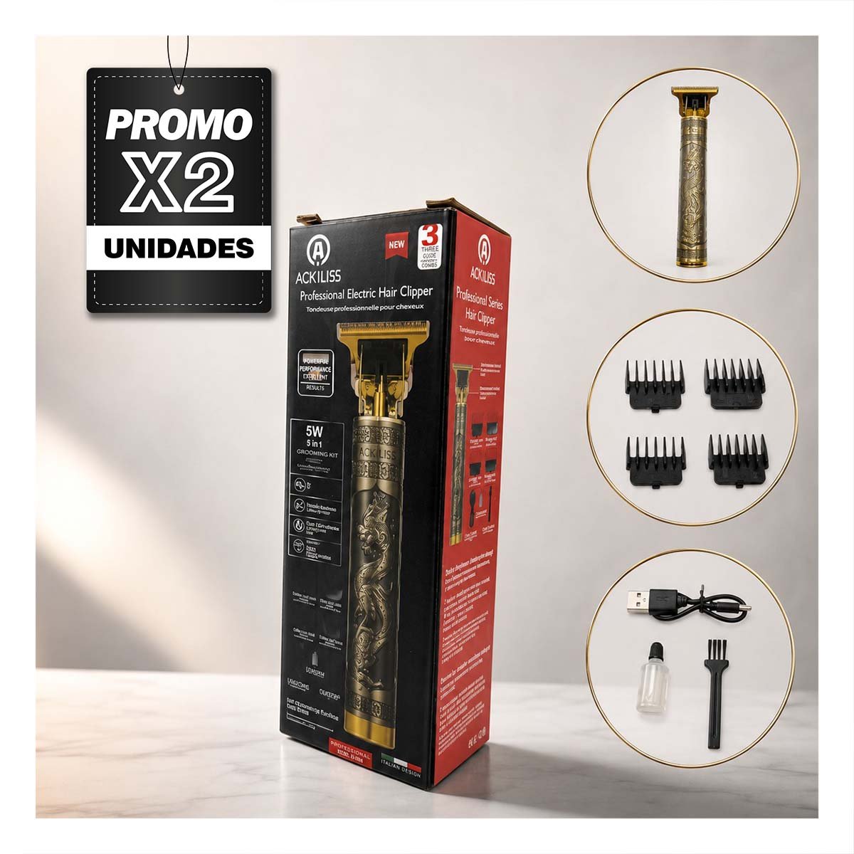 PACK2 HIGIENE PARA CABELLO CON DISENO DE DRAGON COLOR DORADO OSCURO PARA PEINAR YPAPEL REGALO - 1