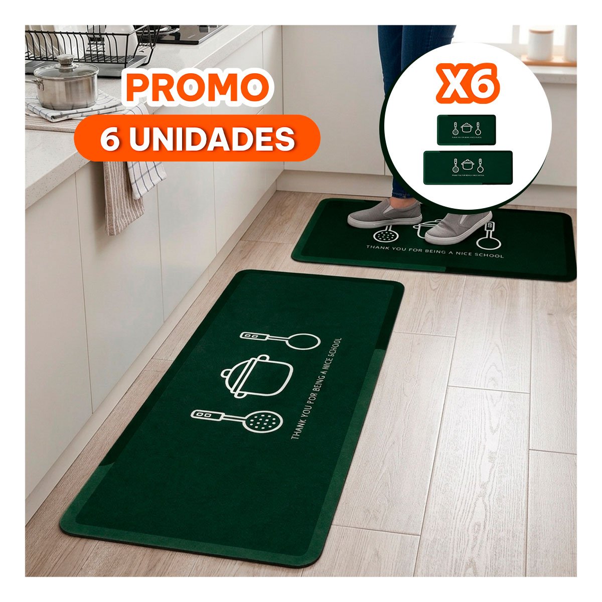 PACK6 JUEGO DE TAPETES PARA INTERIOR THANK YOU VERDE OSCURO 58X38 Y 140X38 CM - 1
