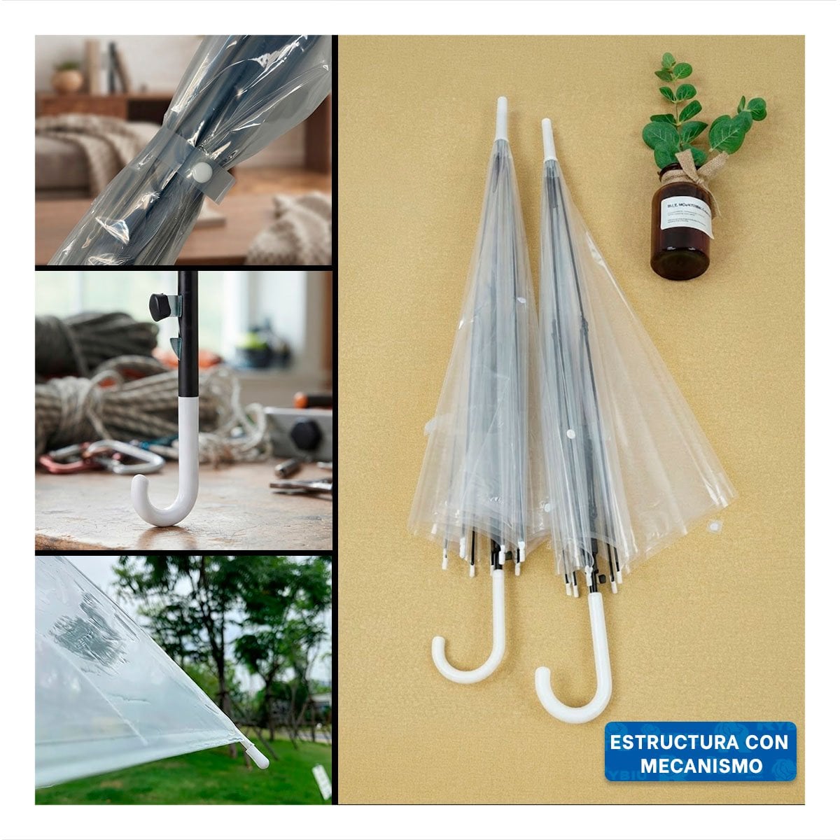 PARASOL LARGO TRANSPARENTE PARA LLUVIA CON MANGO ERGONOMICO Y RESISTENTE Y STICKY - 3