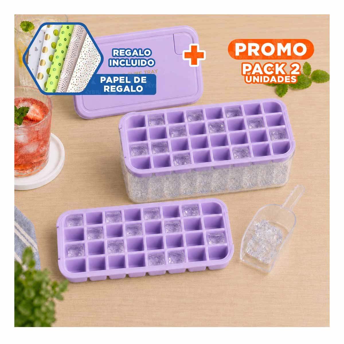 PACK2 HIELERA DE HIELO LILA CON BANDEJAS DOBLES PARA CUBOS YPAPEL REGALO - 1