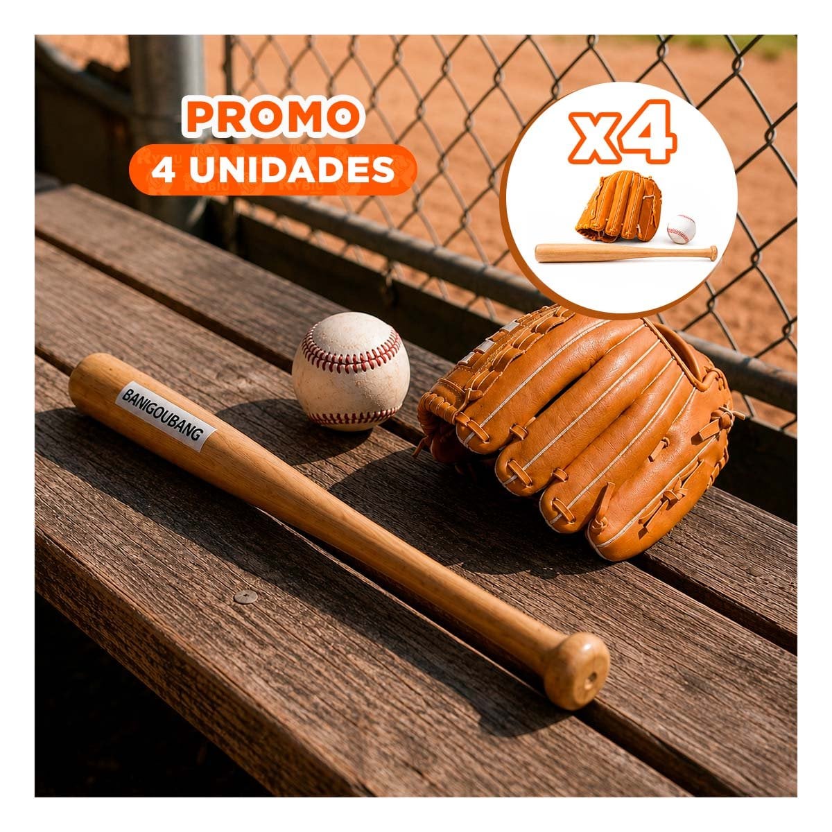 PACK4 SET PARA ENTRENAMIENTO DE BEISBOL CON BATE GUANTE Y PELOTA MARRON - 1