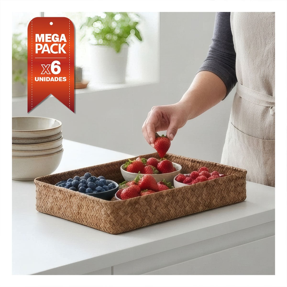 PACK6 BANDEJA TEJIDA PARA SALA RECTANGULAR MOSTAZA 32X22X5 DECORATIVA YPAPEL REGALO - 1