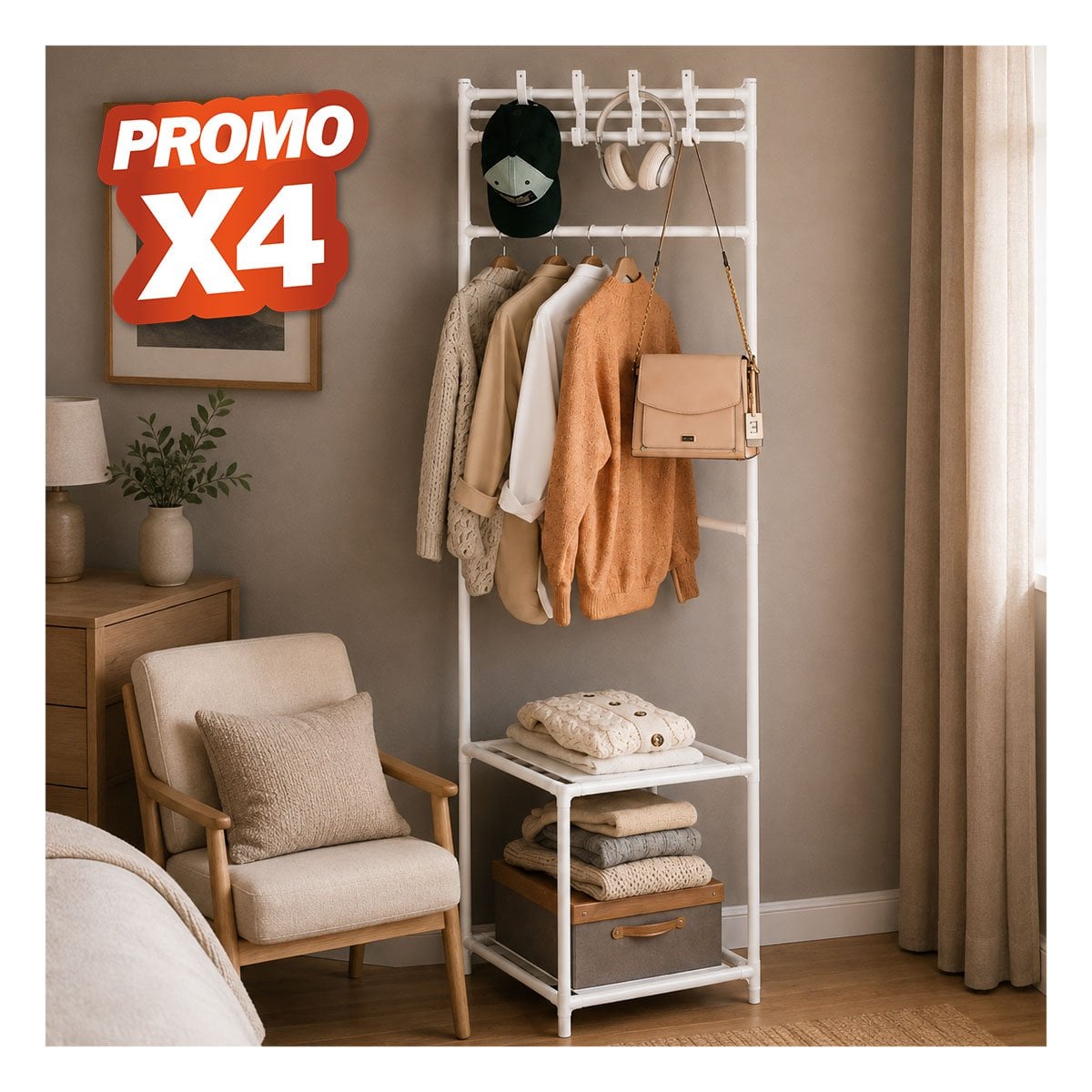 PACK4 ORGANIZADOR CON 2 NIVELES PARA CALZADO BLANCO ESQUINERO Y PERCHERA 177X41CM YPAPEL REGALO - 1