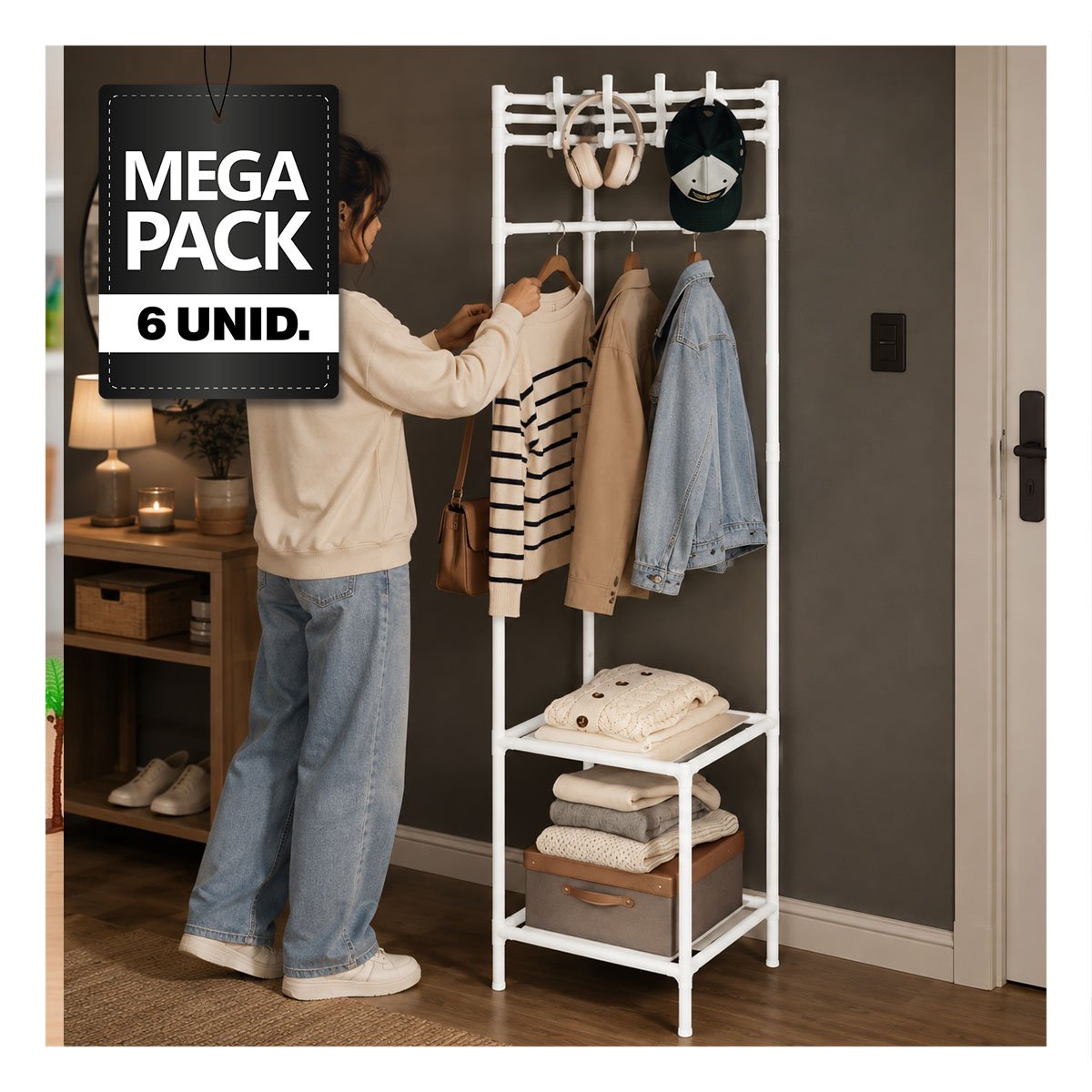 PACK6 RACK DE 2 NIVELES CON PERCHERA BLANCO PARA ESQUINA 177X41CM - 1