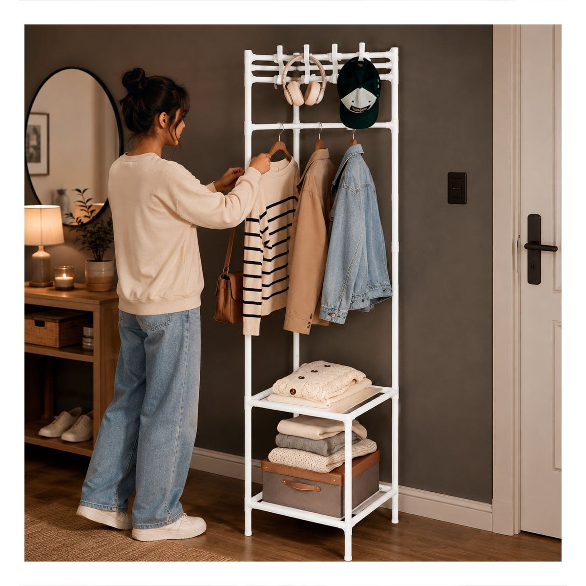 PACK6 RACK DE 2 NIVELES CON PERCHERA BLANCO PARA ESQUINA 177X41CM - 3