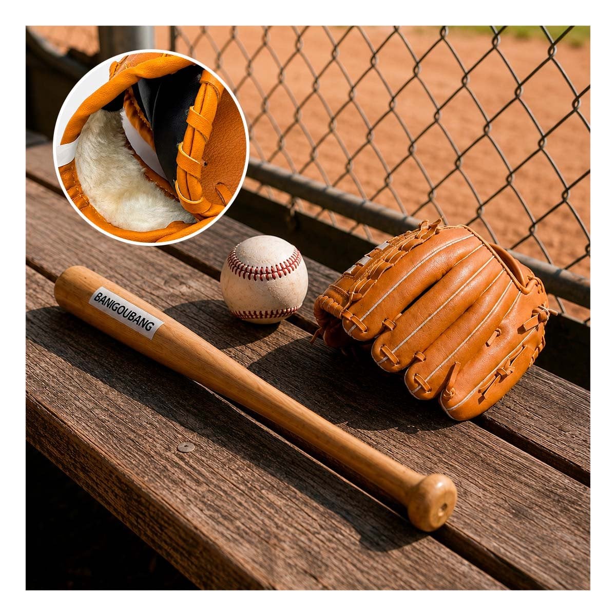 KIT COMPLETO COLOR MARRON CON BATE GUANTE Y PELOTA PARA BEISBOL Y REGALO STICKER - 5