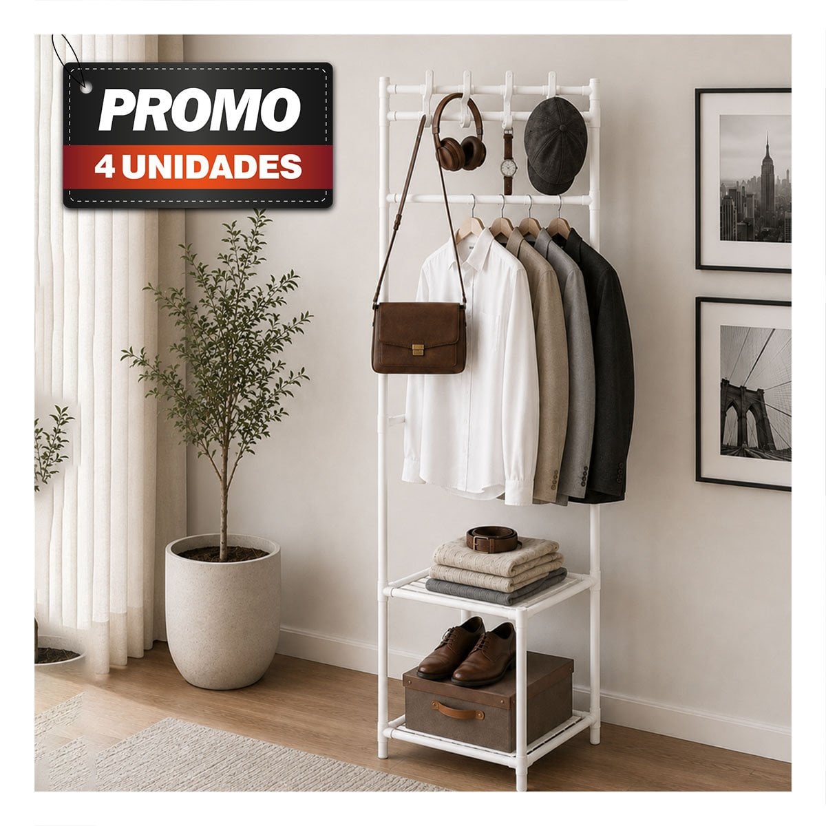 PACK4 ZAPATERA PARA ENTRADA BLANCO ESQUINERO 177X41CM CON PERCHERA 2 NIVELES - 1