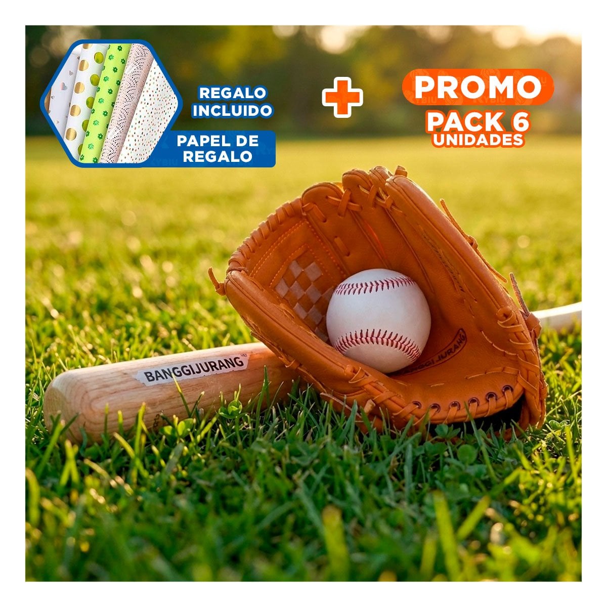 PACK6 KIT PARA JUEGO DE BEISBOL COLOR MARRON CON BATE GUANTE Y PELOTA YPAPEL REGALO - 1