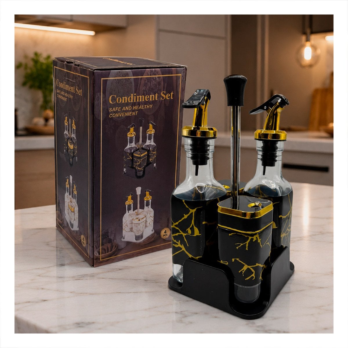 SET ORGANIZADOR PARA CONDIMENTOS CON BASE DIS MARMOL NEGRO PARA COCINA - 1