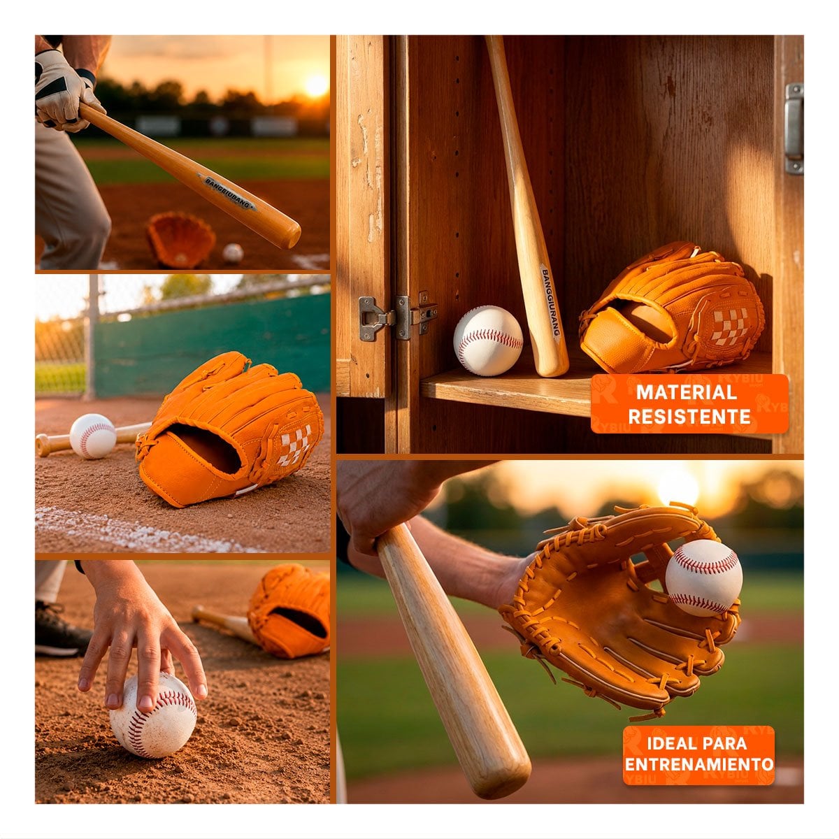 COMBO COLOR MARRON PARA BEISBOL CON BATE GUANTE Y PELOTA DE MADERA - 5