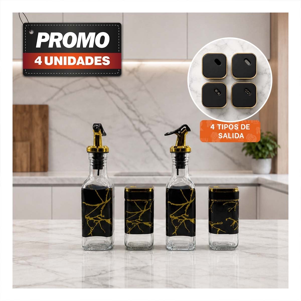 PACK4 KIT COMPLEMENTO PARA COCINA CON FRASCOS Y BASE DIS MARMOL NEGRO YPAPEL REGALO - 1