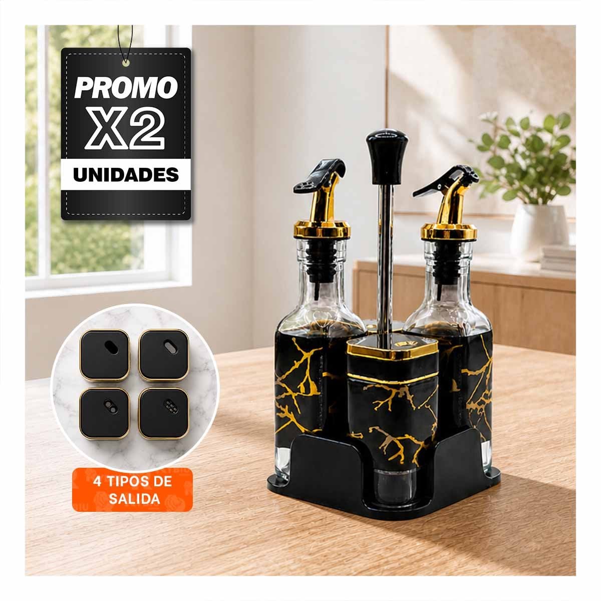 PACK2 PACK FRASCOS CONDIMENTEROS CON BASE DIS MARMOL NEGRO PARA COCINA YPAPEL REGALO - 1