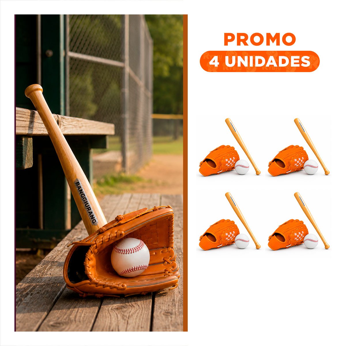 PACK4 PACK DE BEISBOL CON EQUIPO COLOR MARRON PARA JUEGOS RECREATIVOS YREGALO STICKER - 1