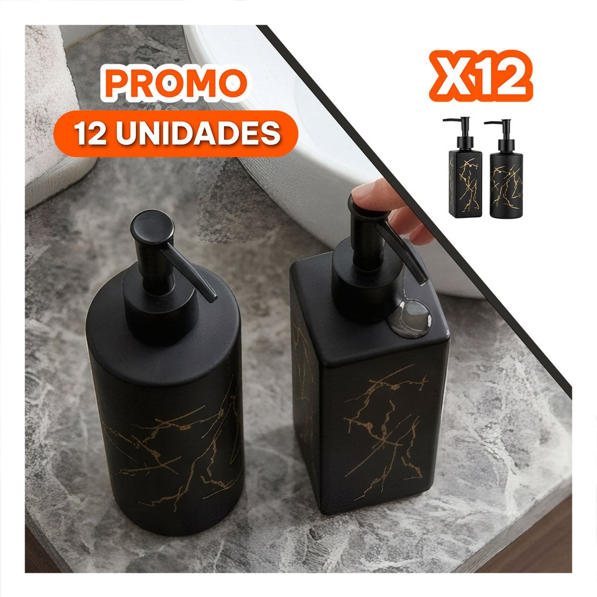 PACK12 EQUIPO 2 ENVASE PARA GEL DE DUCHA COLOR NEGRO CON DIS MARMOL - 1